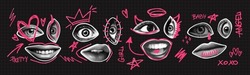 Woman Lips And Eyes As Retro Halftone Collage Elements With Girly Doodles For Mixed Media Design. Cutout Magazine Shapes, Girl Faces In Dotted Pop Art Style. Vector Illustration, Grunge Punk Crazy Art