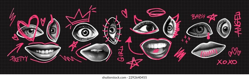 Woman lips and eyes as retro halftone collage elements with girly doodles for mixed media design. Cutout magazine shapes, girl faces in dotted pop art style. Vector illustration, grunge punk crazy art - Shutterstock ID 2292640455