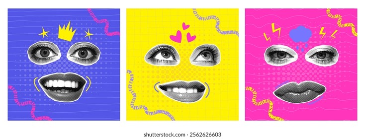 Labios y ojos de mujer como Elementos retro de collage de semitono. Abstractas estilo popart. Ilustración vectorial romántica de la moda del glamour