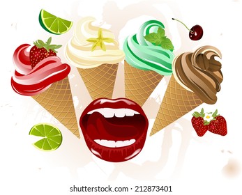 Woman lips and fruit ice cream in cones