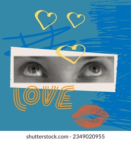 Woman lips , hand and eye as retro halftone collage elements with girly doodles for mixed media design. Cutout magazine shapes in dotted pop art style. Vector illustration, grunge punk crazy art