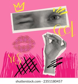 Woman lips , hand and eye as retro halftone collage elements with girly doodles for mixed media design. Cutout magazine shapes in dotted pop art style. Vector illustration, grunge punk crazy art