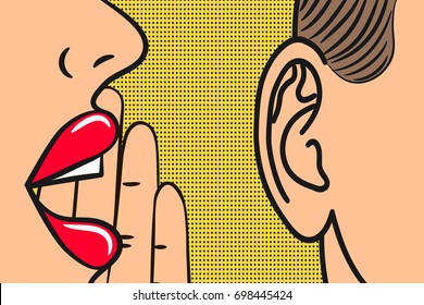 Woman lips with hand whispering in mans ear with speech bubble. Pop Art style, comic book illustration. Secrets and gossip concept. Vector.