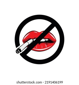 woman lips icon with cigarette, no smoking sign icon. vector illustration