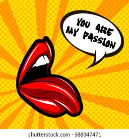 Woman lips illustration greeting card. Beautiful red kiss banner with lipstick makeup. You are my passion. Vector illustration