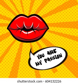 Woman lips illustration greeting card. Beautiful red kiss banner with lipstick makeup. You are my passion. Vector illustration