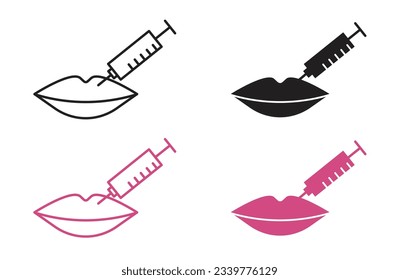 Woman lips injection icon set in black and pink color.