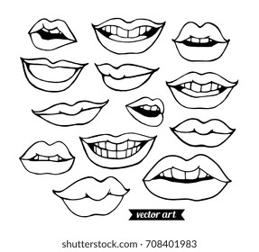 Woman lips isolated on white. Vector illustration. Black and white. Set collection.