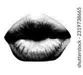 Woman lips in kiss shape in black halftone effect made from small dots. Vector illustration.