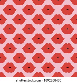 Woman Lips Kisses Seamless Pattern Red And Pink Makeup Kiss Retro Romantic Feminine Valentines Day Vector Background Design. 