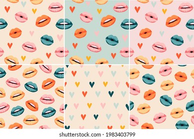 Woman Lips Kisses Seamless Pattern Collection. Shades Of  Lipstick And Hearts. Love Theme, Feminine Design, Valentine's Day. Variety Of Lip Shapes On A Soft Background For Textile, Fabric, Wallpaper