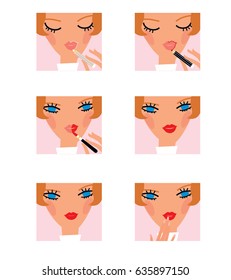 Woman lips make up step by step set. Vector illustration.