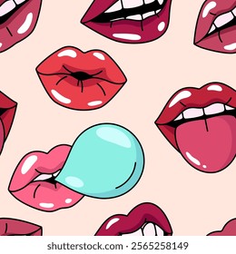 Woman lips, mouth, teeth seamless pattern, background.Cartoon style simple illustrations