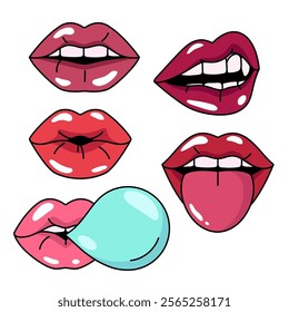 Woman lips, mouth, teeth simple vector drawings. Set of cartoon style illustrations