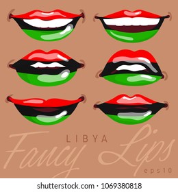 Woman Lips Painted Flag of Libya : Vector Illustration