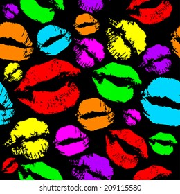 Patrón de labios de mujer sobre fondo negro. Beso de lápiz labial. Ilustración vectorial.