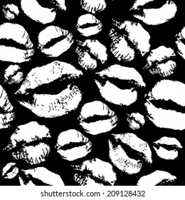 Woman lips pattern on black background. Lipstick kiss. Vector illustration.