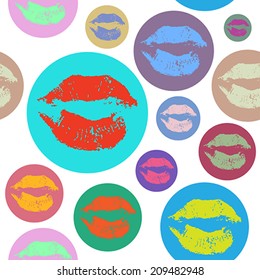 Woman lips pattern on white background in Pop Art style. Lipstick kiss. Vector illustration.