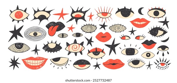 Woman lips and psychedelic eyes drawn by crayon. Vector grunge punk crazy art in girly style for mixed media design. Hand drawn punk crazy vector elements. Doodle icon for collages.