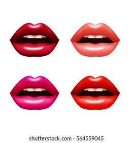 Woman lips  realistic set with bright coloring isolated vector illustration 