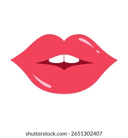 Woman lips with red lipstick. Female half open mouth with teeth. Lips gloss. Single object. Beauty, cosmetics or make up theme. Vector isolated illustration.