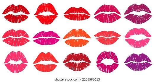 Woman lips red lipstick kiss prints, lip kisses elements. Female lips kiss imprints vector illustration set