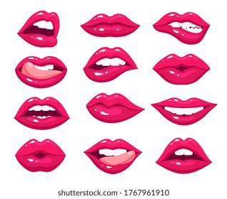 Woman lips. Red sexy mouth, female pink kiss with lipstick makeup. Hot girl open lip tongue. Isolated cartoon glamour smile bite vector set