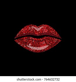 Woman Lips. Red shiny make up lips isolated on black background. Love Kiss vector illustration. Girl Mouth.