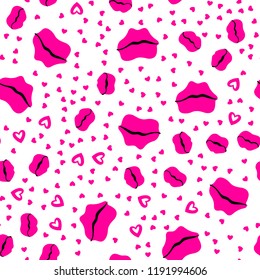 Woman lips seamless pattern doodle modern pop art. Colored lipstick simple vector illustration. Textile design.Valentines day romantic fabric heart silhouette.