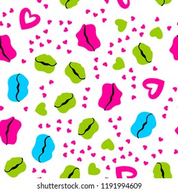 Woman lips seamless pattern doodle modern pop art. Colored lipstick simple vector illustration. Textile design.Valentines day romantic fabric heart silhouette.