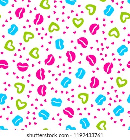 Woman lips seamless pattern doodle modern pop art. Colored lipstick simple vector illustration. Textile design.Valentines day romantic fabric heart silhouette.