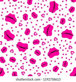 Woman lips seamless pattern doodle modern pop art. Colored lipstick simple vector illustration. Textile design.Valentines day romantic fabric heart silhouette.