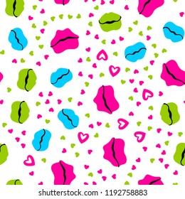 Woman lips seamless pattern doodle modern pop art. Colored lipstick simple vector illustration. Textile design.Valentines day romantic fabric heart silhouette.