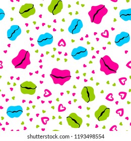 Woman lips seamless pattern doodle modern pop art. Colored lipstick simple vector illustration. Textile design.Valentines day romantic fabric heart silhouette.