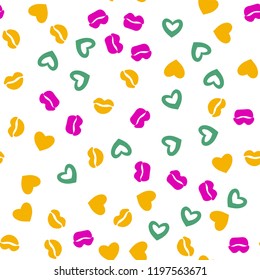 Woman lips seamless pattern doodle modern pop art. Colored lipstick simple vector illustration. Textile design.Valentines day romantic fabric heart silhouette.