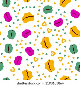 Woman lips seamless pattern doodle modern pop art. Colored lipstick simple vector illustration. Textile design.Valentines day romantic fabric heart silhouette.