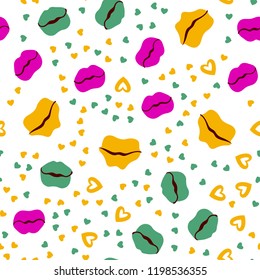 Woman lips seamless pattern doodle modern pop art. Colored lipstick simple vector illustration. Textile design.Valentines day romantic fabric heart silhouette.