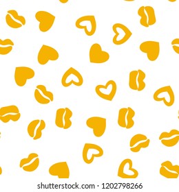 Woman lips seamless pattern doodle modern pop art. Colored lipstick simple vector illustration. Textile design.Valentines day romantic fabric heart silhouette.