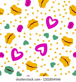Woman lips seamless pattern doodle modern pop art. Colored lipstick simple vector illustration. Textile design.Valentines day romantic fabric heart silhouette.