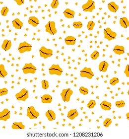 Woman lips seamless pattern doodle modern pop art. Colored lipstick simple vector illustration. Textile design.Valentines day romantic fabric heart silhouette.