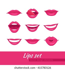 Woman Lips Set. Mouth With A Kiss, Smile, Tongue. Vector Illustration Isolated On White Background.