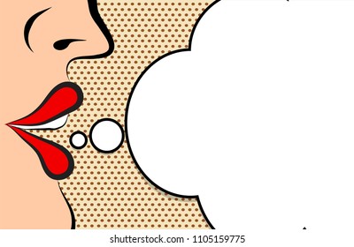 Woman lips speak with white speaking bubble over dot pop art comic style background, stock vector illustration 