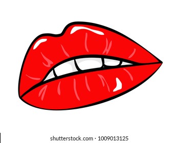 Woman lips sticker of 80s retro comic style. Vector illustration isolated on white background