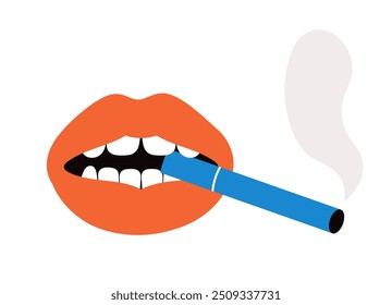 Etiqueta engomada de los labios de la mujer. Labios femeninos rojos con cigarrillo. Belleza, estética y elegancia. Pegatina para redes sociales. Mala costumbre y vida poco saludable. Ilustración vectorial plana aislada sobre fondo blanco