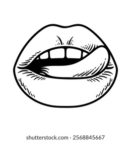 woman lips with tongue cartoon isolated drawing line art style sketch classic vintage design illustration