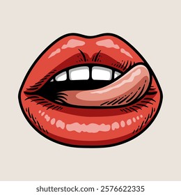 woman lips with tongue colored cartoon isolated drawing line art style sketch classic vintage design illustration