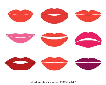 Woman lips. Vector set of lips silhouettes. Custom shapes, expressions and colors. Makeup concept. Set of mouth smile red pink woman lips isolated on white background. For your design and business.