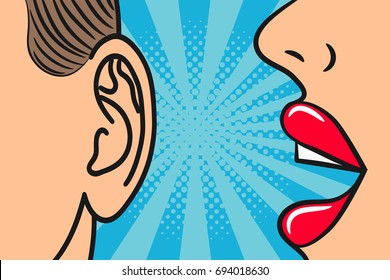 Woman lips whispering in mans ear with speech bubble. Pop Art style, comic book illustration. Secrets and gossip concept. Vector.