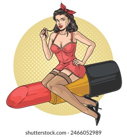 Woman with lipstick colorful vintage poster with girl in seductive clothes inviting to beauty salon for makeup vector illustration