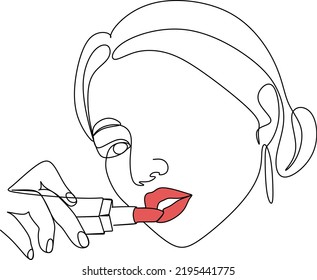 Woman with Lipstick Continuous One Line Drawing. Style Template with Abstract Female Face and Lipstick. Modern Minimalist Simple Linear Style. Beauty Fashion Design. Raster copy